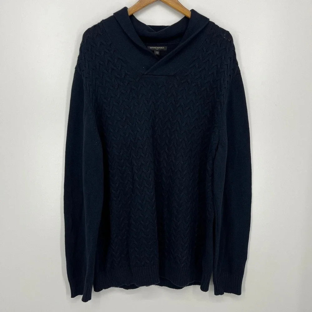 Banana Republic Sweater Men's Size 2XL Navy Blue Cable Knit Mock‎ Neck Pullover